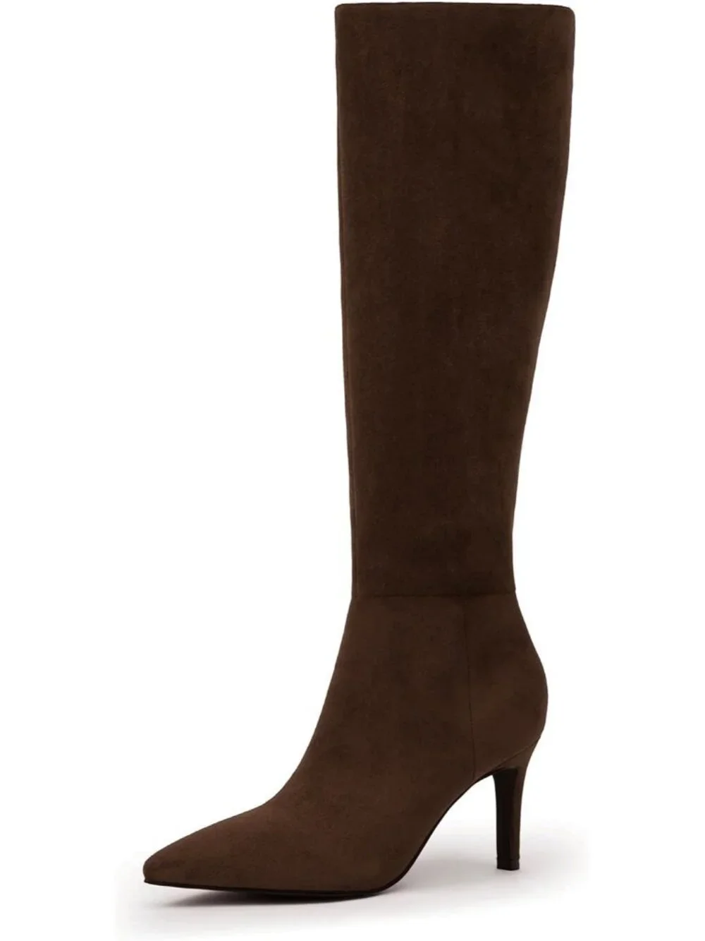 Women Dark Brown Suede Pointed Toe Faux Leather Stiletto Heel Over The Knee Boot